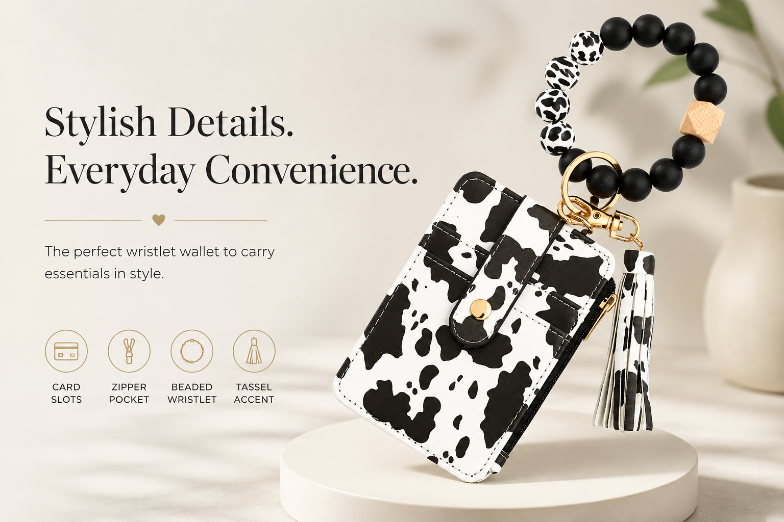 Cow Print Wristlet with cow print silicone beads
